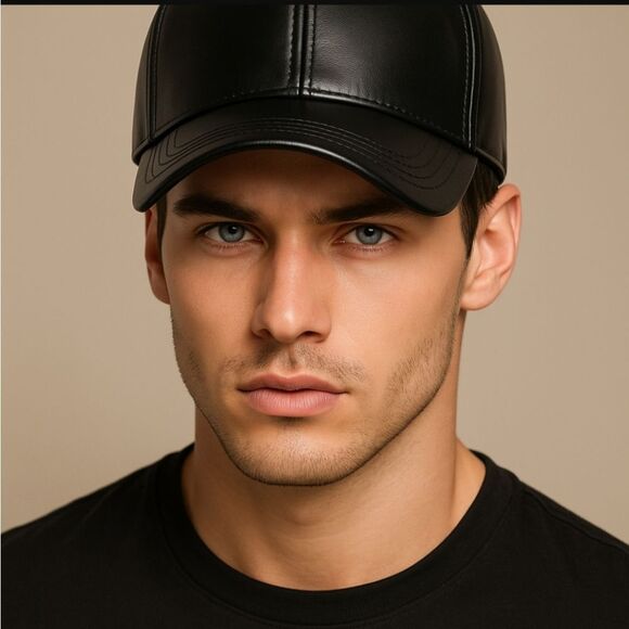 SALE Black Vegan Leather Baseball Cap Hat - Picture 3 of 10
